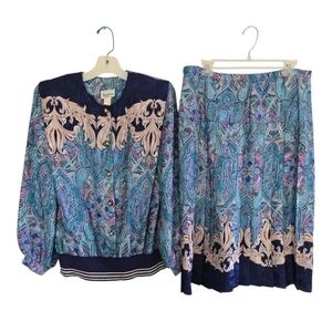 VTG Evanna 2Piece Skirt Suit 14 Paisely Blue Pink Long Sleeve  Button Up Career